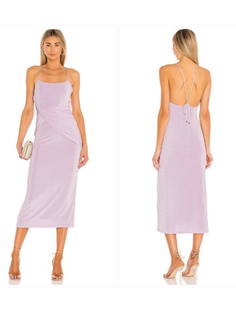 Women's Lilac Midi Dress with Ruched Side and Spaghetti Straps